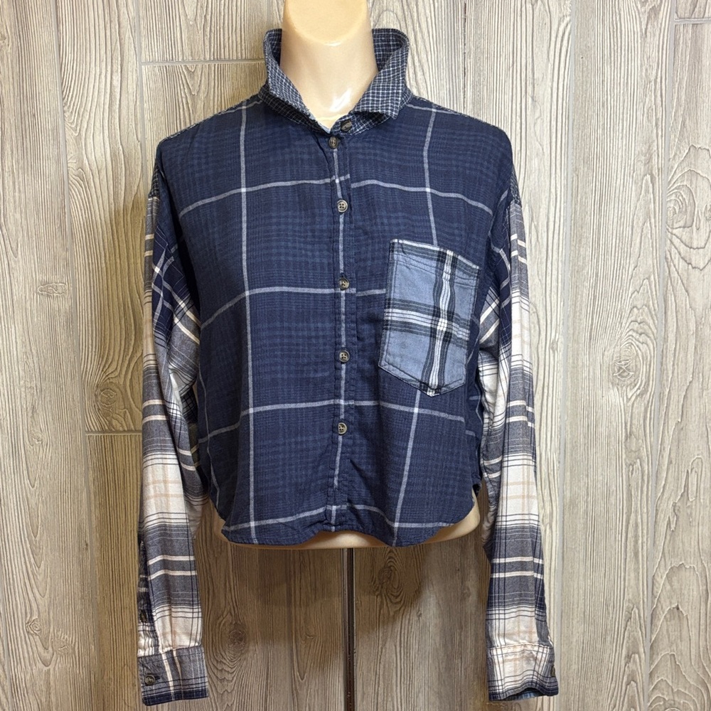American Eagle Blue Patchwork Plaid Preppy Grunge… - image 1